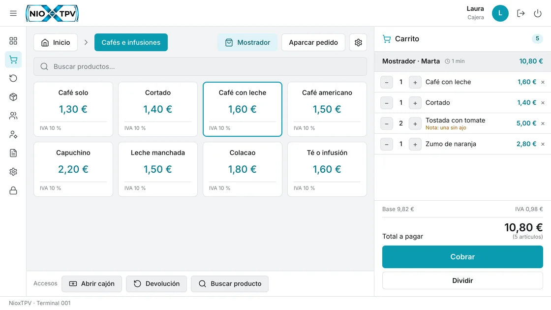 NioxTPV: productos de la categoría Cafés e infusiones y carrito de mostrador con total 10,80 €