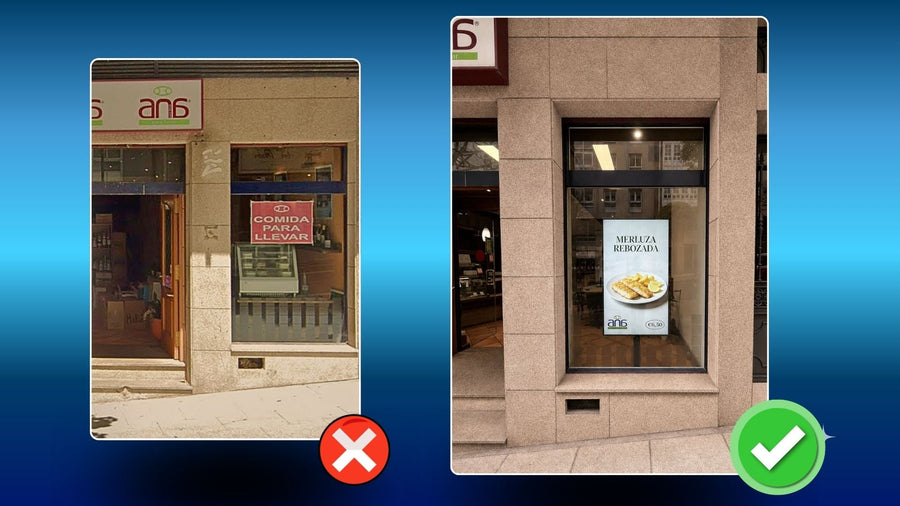 Escaparate de un negocio antes y después de instalar una pantalla publicitaria de alto brillo Nioxtec en Madrid