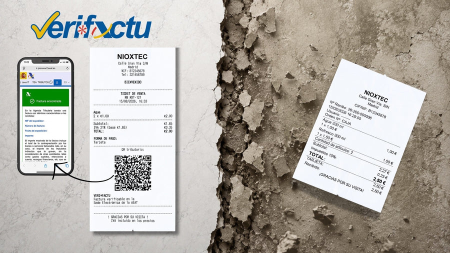 Ticket de TPV de Nioxtec con código QR VeriFactu verificable en la AEAT frente a un ticket antiguo sin QR