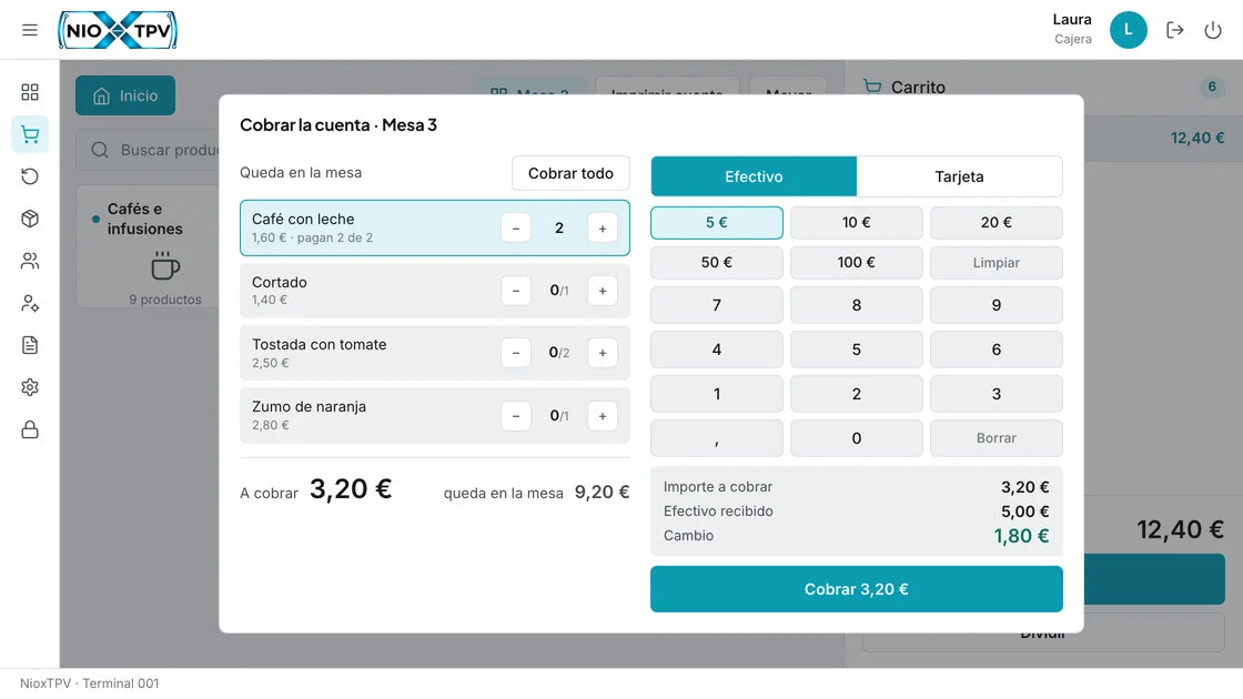 NioxTPV: cobro por partes de la Mesa 3, se cobran solo los 2 cafés con leche en efectivo y el programa calcula el cambio